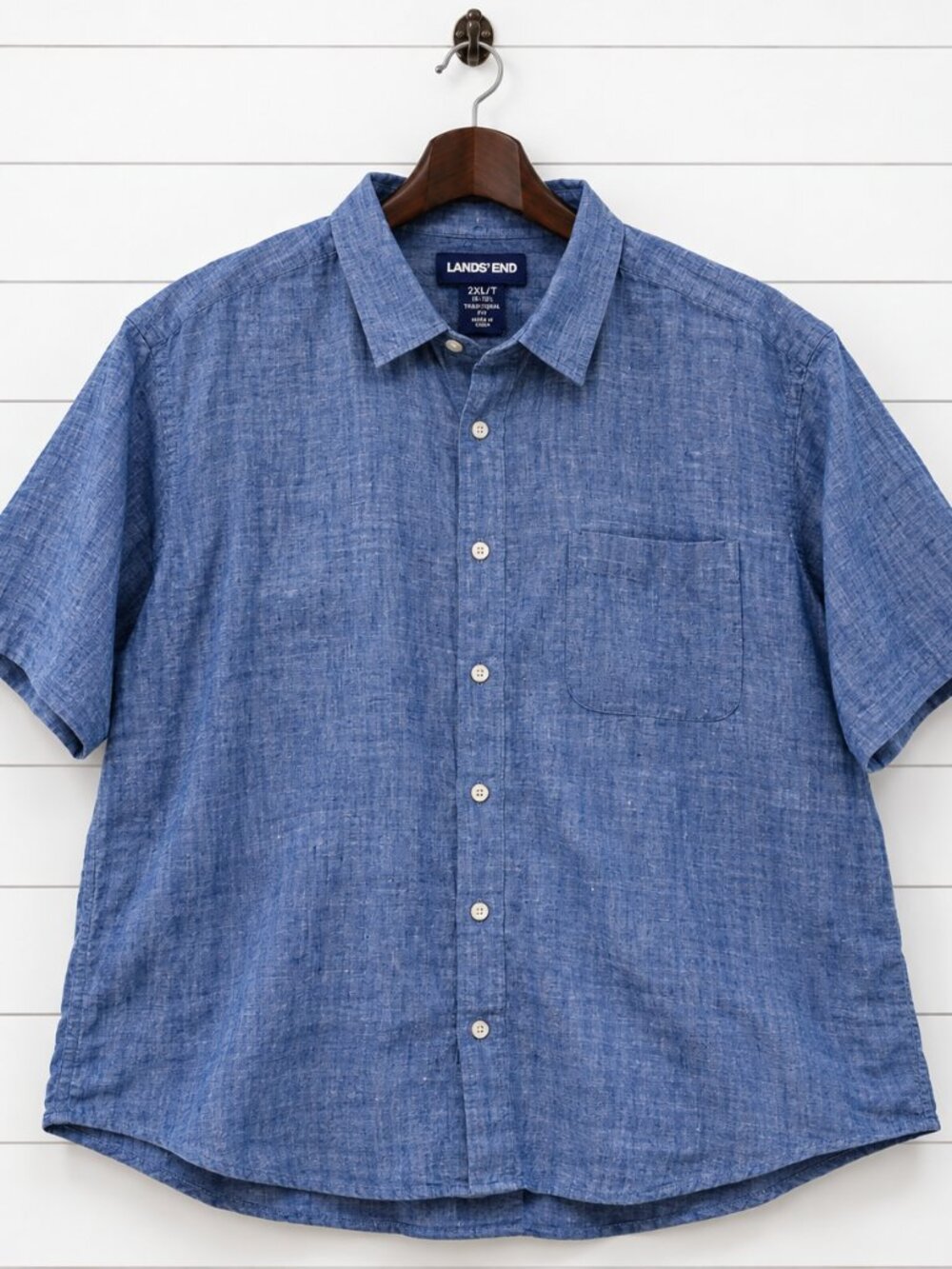 Lands' End Men's 2XLT Blue Linen Short Sleeve Button Shirt Traditional Fit Tall